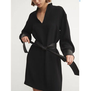 Vince Women Belted V-Neck Black Long Sleeve Faux Leather Accent Dress Size XXS